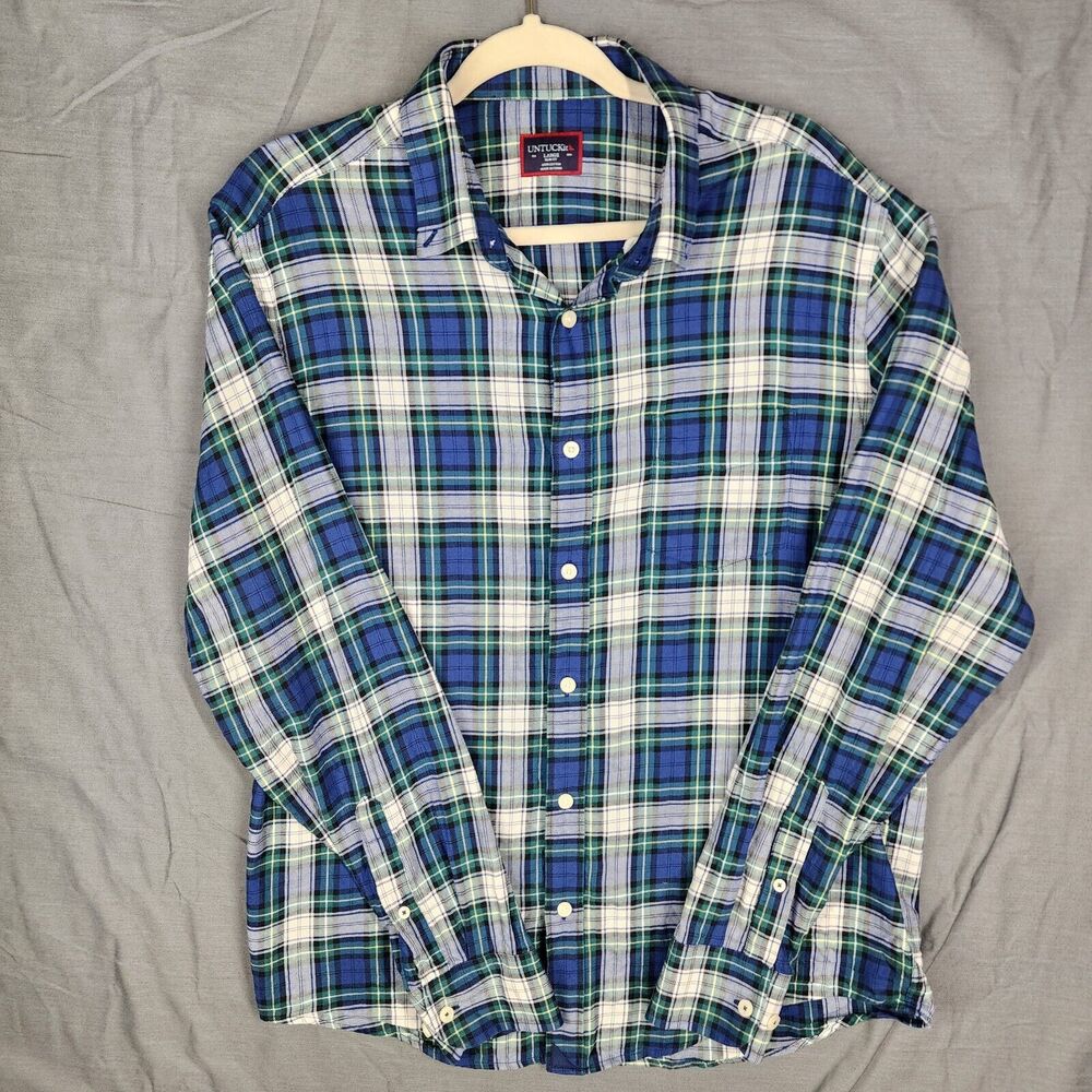 UNTUCKit Polo Button Up Shirt Men's Large Slim Fit Long Sleeve Green Blue Check
